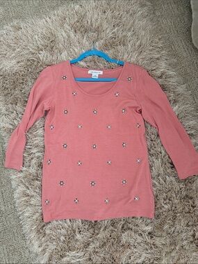 Liz Claiborne Embellished 3/4 Sleeve Scoop Neck Top